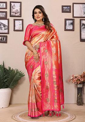 Orange Zari Embroidered Silk Saree Set