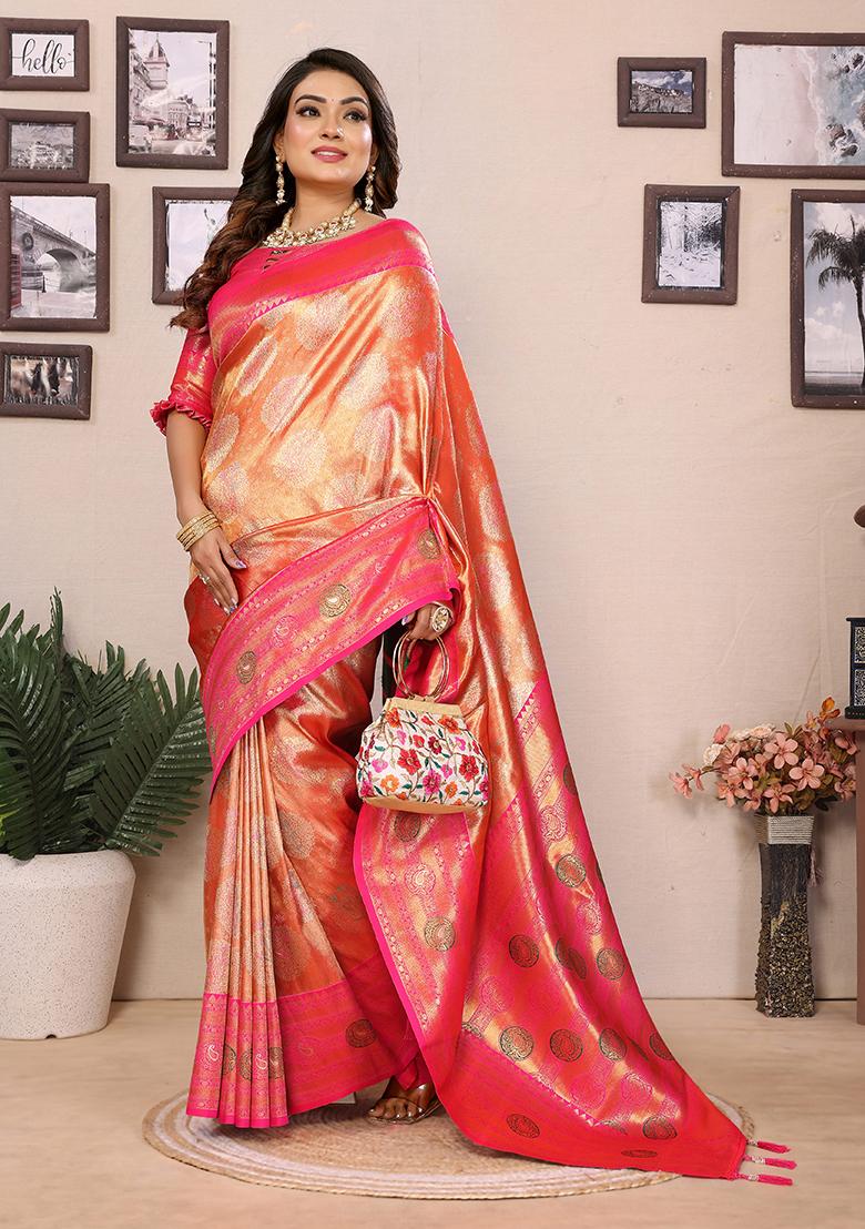 Orange Zari Embroidered Silk Saree Set