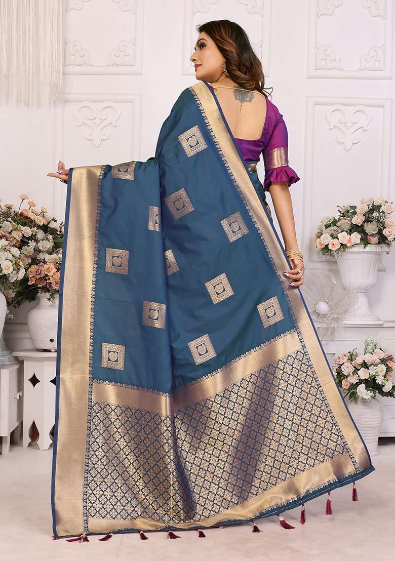 Blue Zari Silk Saree Set with Embroidered for Diwali | Wedding & Festive Wear - Indya