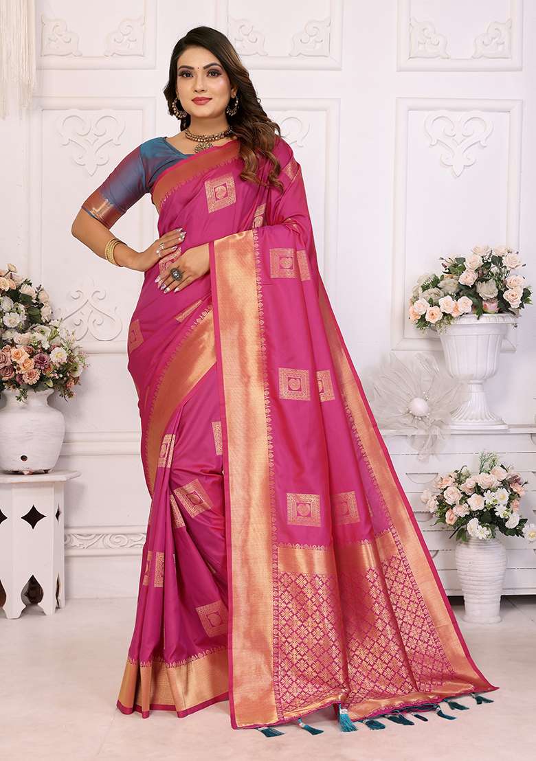 Pink Zari Silk Saree Set with Embroidered for Diwali | Wedding & Festive Wear - Indya
