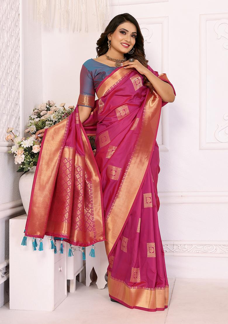 Pink Zari Embroidered Silk Saree Set