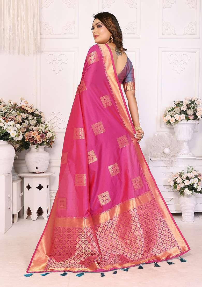 Pink Zari Silk Saree Set with Embroidered for Diwali | Wedding & Festive Wear - Indya