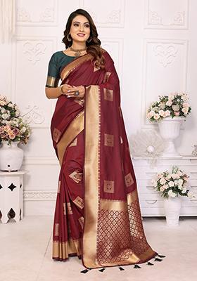 Brown Zari Embroidered Silk Saree Set