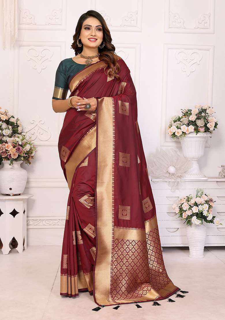 Brown Zari Silk Saree Set with Embroidered for Diwali | Wedding & Festive Wear - Indya