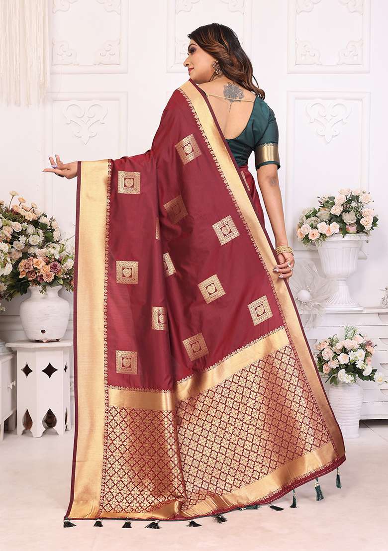 Brown Zari Silk Saree Set with Embroidered for Diwali | Wedding & Festive Wear - Indya