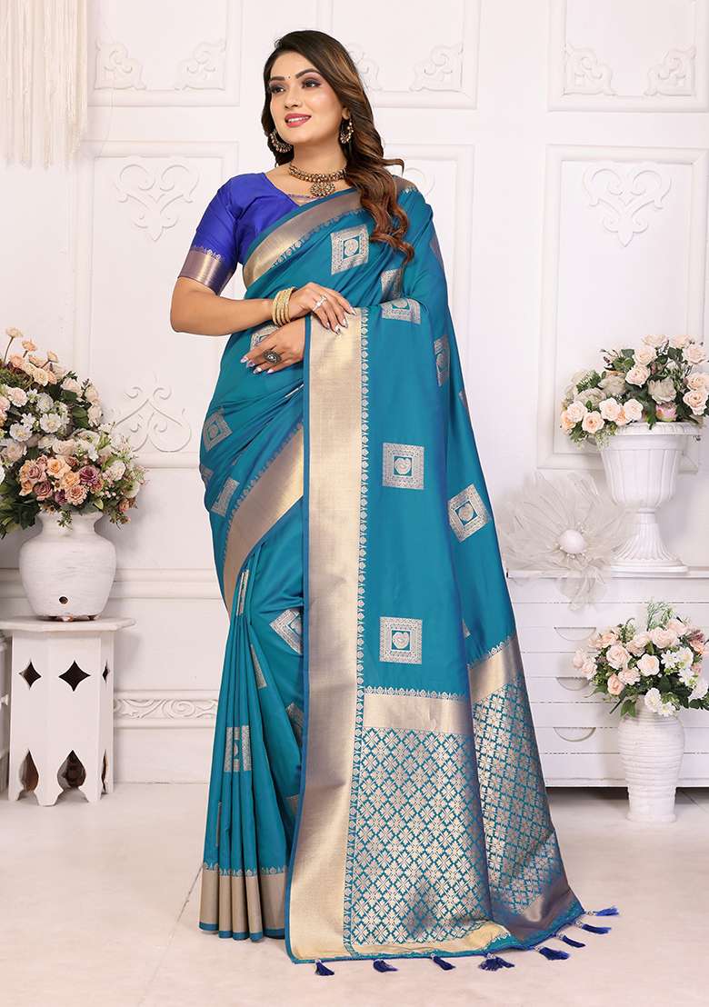 Blue Zari Embroidered Silk Saree Set for Diwali and Festive Wear - Indya