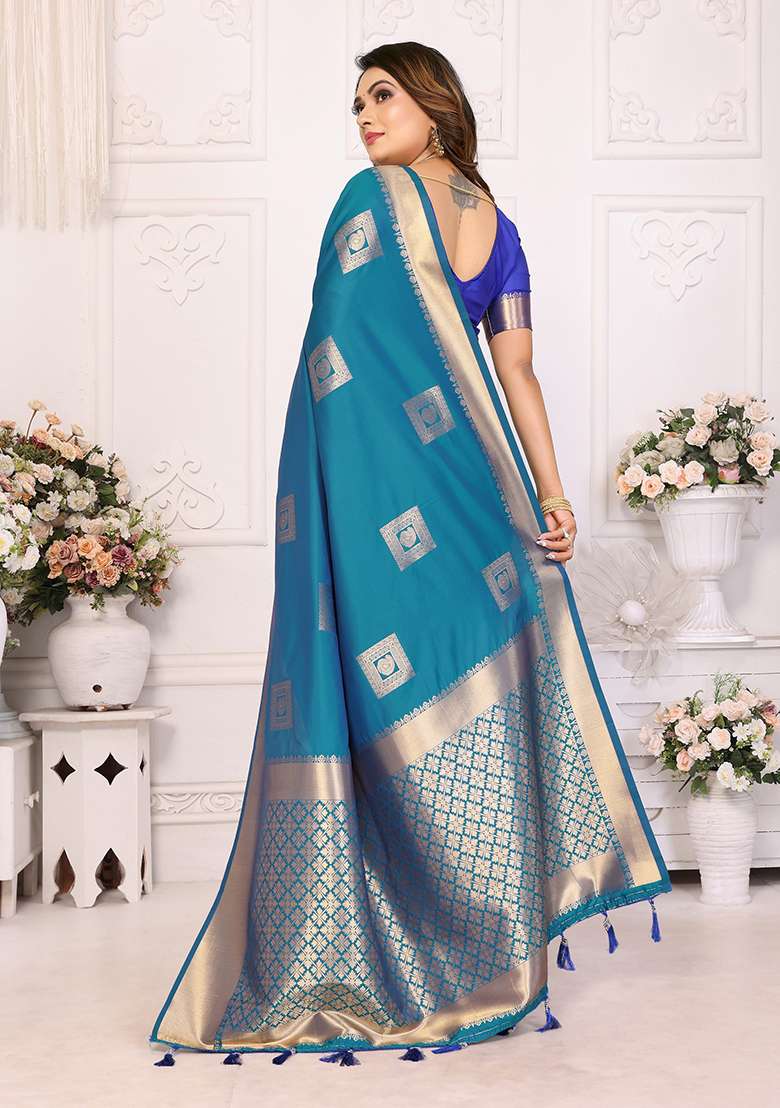 Blue Zari Embroidered Silk Saree Set for Diwali and Festive Wear - Indya