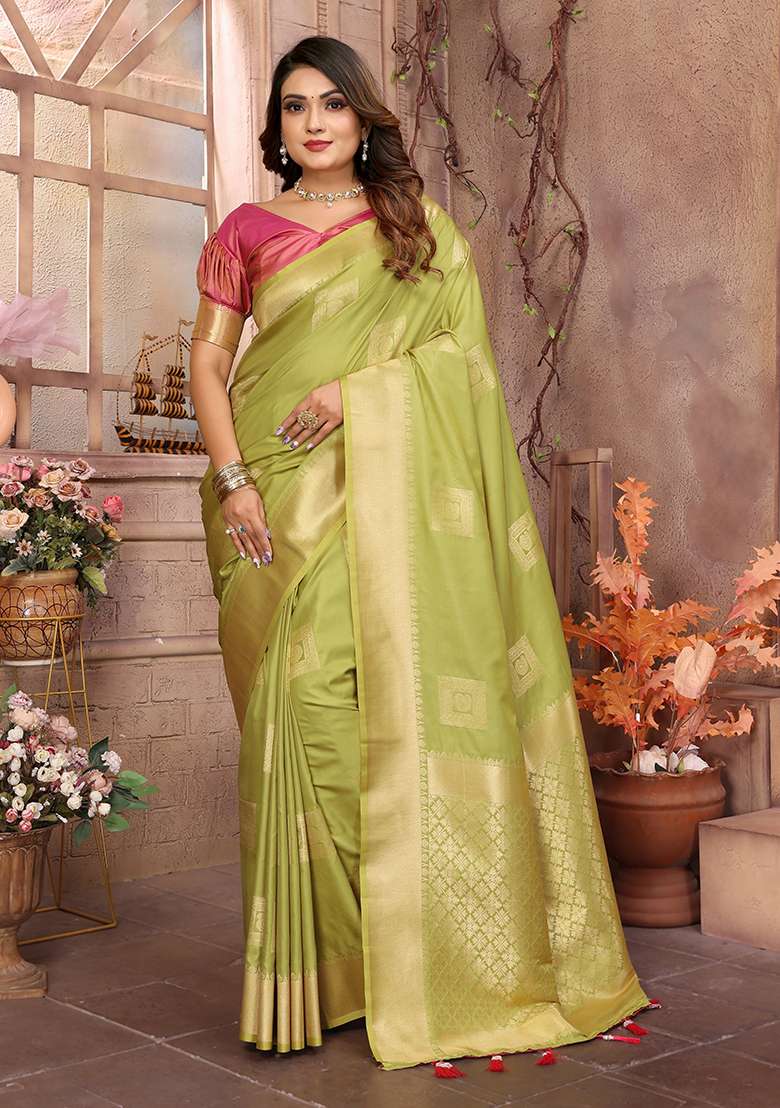 Green Zari Silk Saree Set with Embroidered for Diwali | Wedding & Festive Wear - Indya