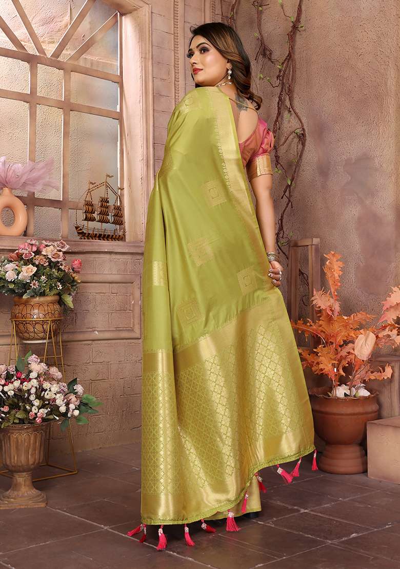 Green Zari Silk Saree Set with Embroidered for Diwali | Wedding & Festive Wear - Indya