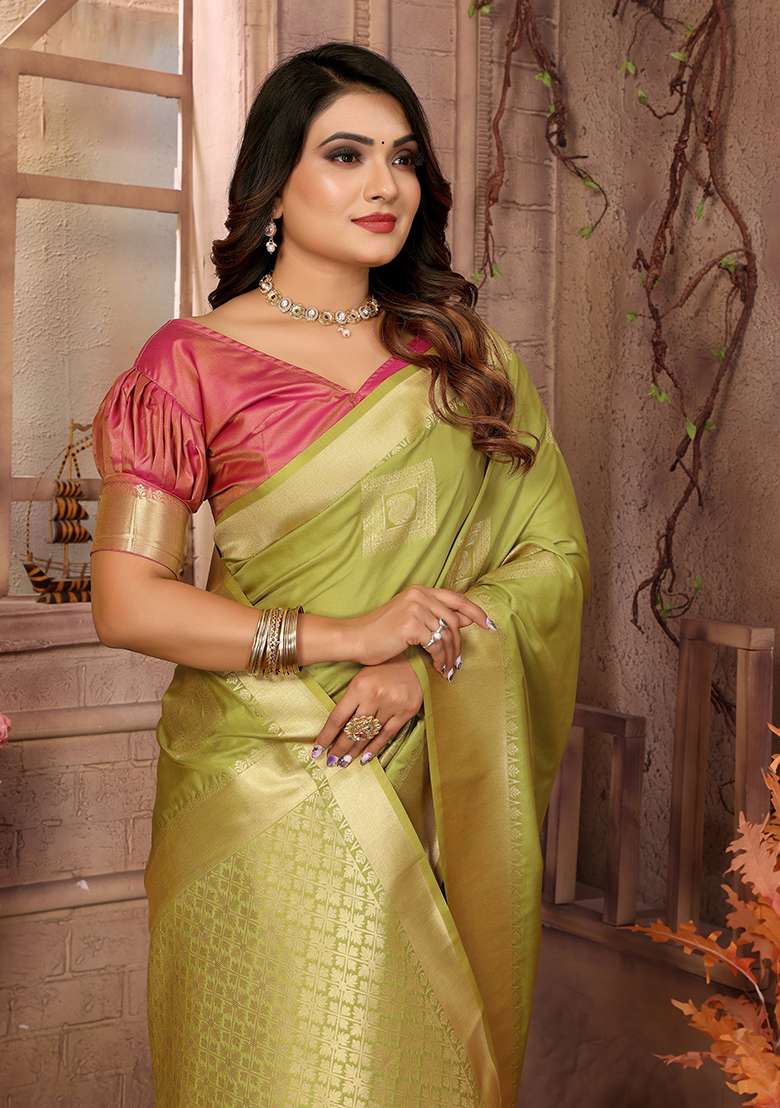 Green Zari Silk Saree Set with Embroidered for Diwali | Wedding & Festive Wear - Indya