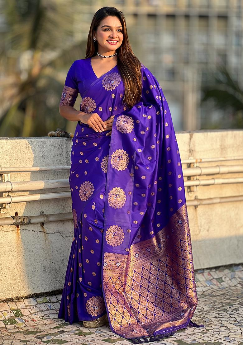 Blue Zari Embroidered Silk Saree Set