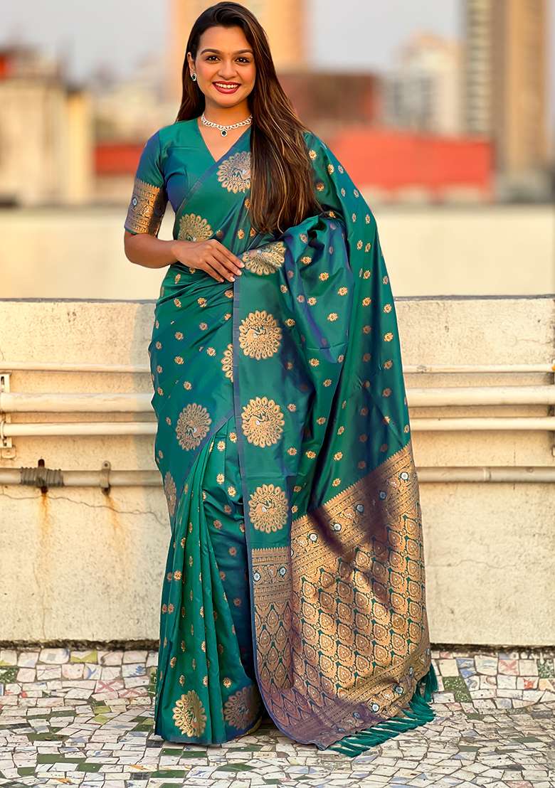 Green Zari Embroidered Silk Saree Set for Diwali and Festive Wear - Indya