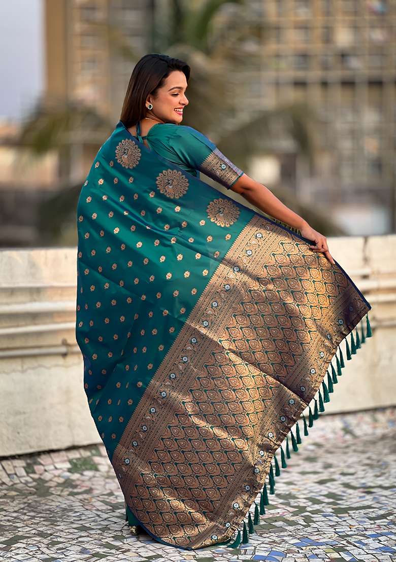 Green Zari Embroidered Silk Saree Set for Diwali and Festive Wear - Indya
