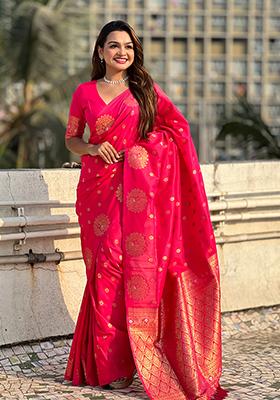 Pink Zari Embroidered Silk Saree Set