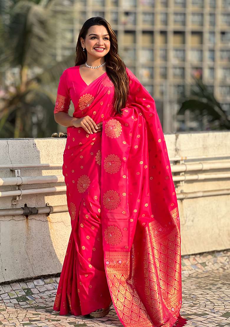 Pink Zari Embroidered Silk Saree Set - Indya