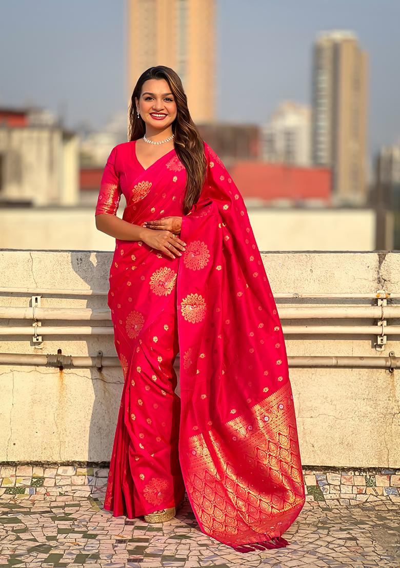 Pink Zari Embroidered Silk Saree Set