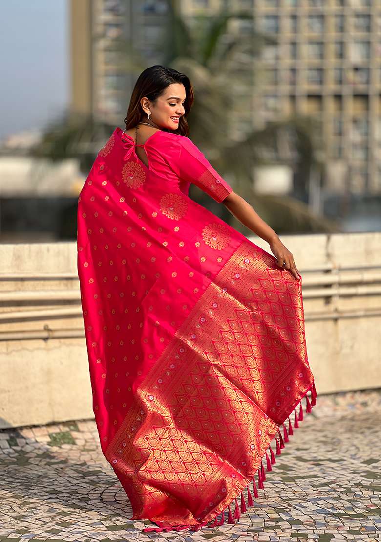 Pink Zari Embroidered Silk Saree Set - Indya