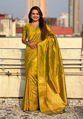 Olive Green Zari Embroidered Silk Saree Set