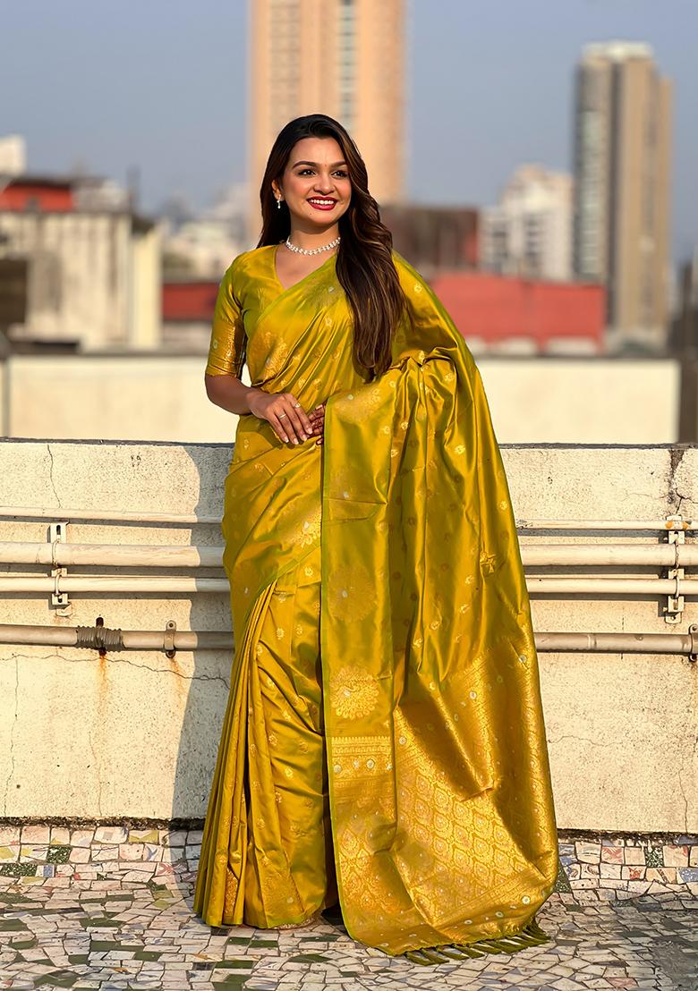 Olive Green Zari Embroidered Silk Saree Set