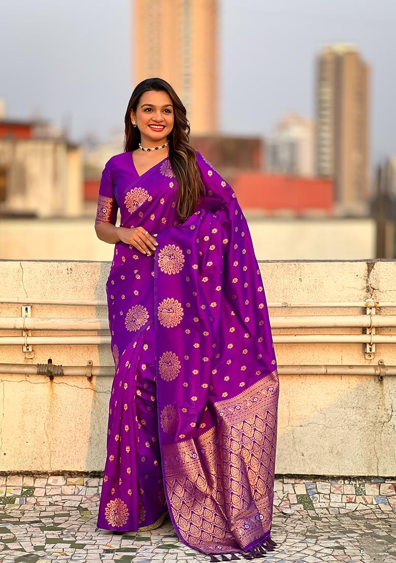 Purple Zari Embroidered Silk Saree Set