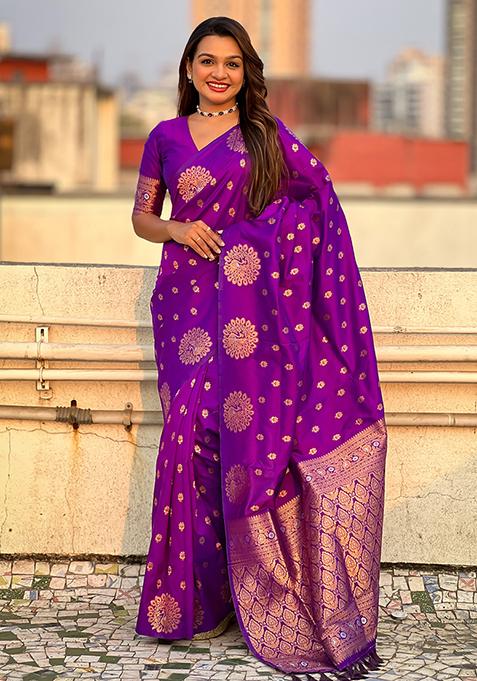 Purple Zari Embroidered Silk Saree Set