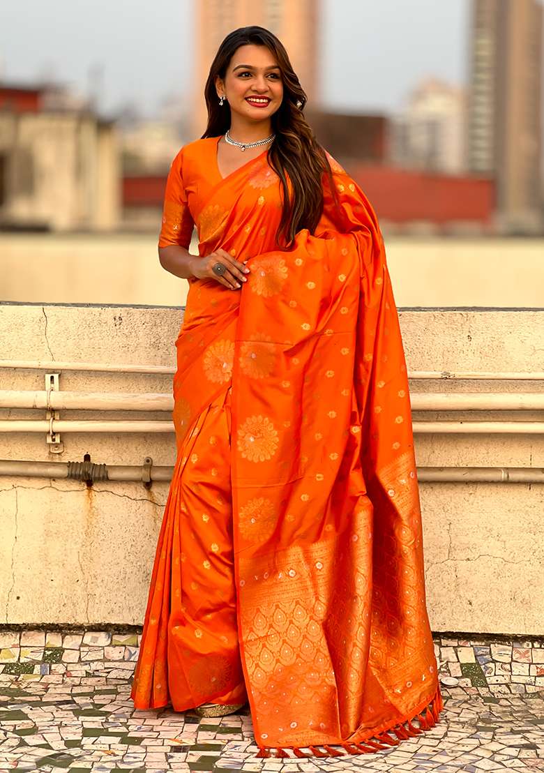 Orange Zari Silk Saree Set with Embroidered for Diwali | Wedding & Festive Wear - Indya