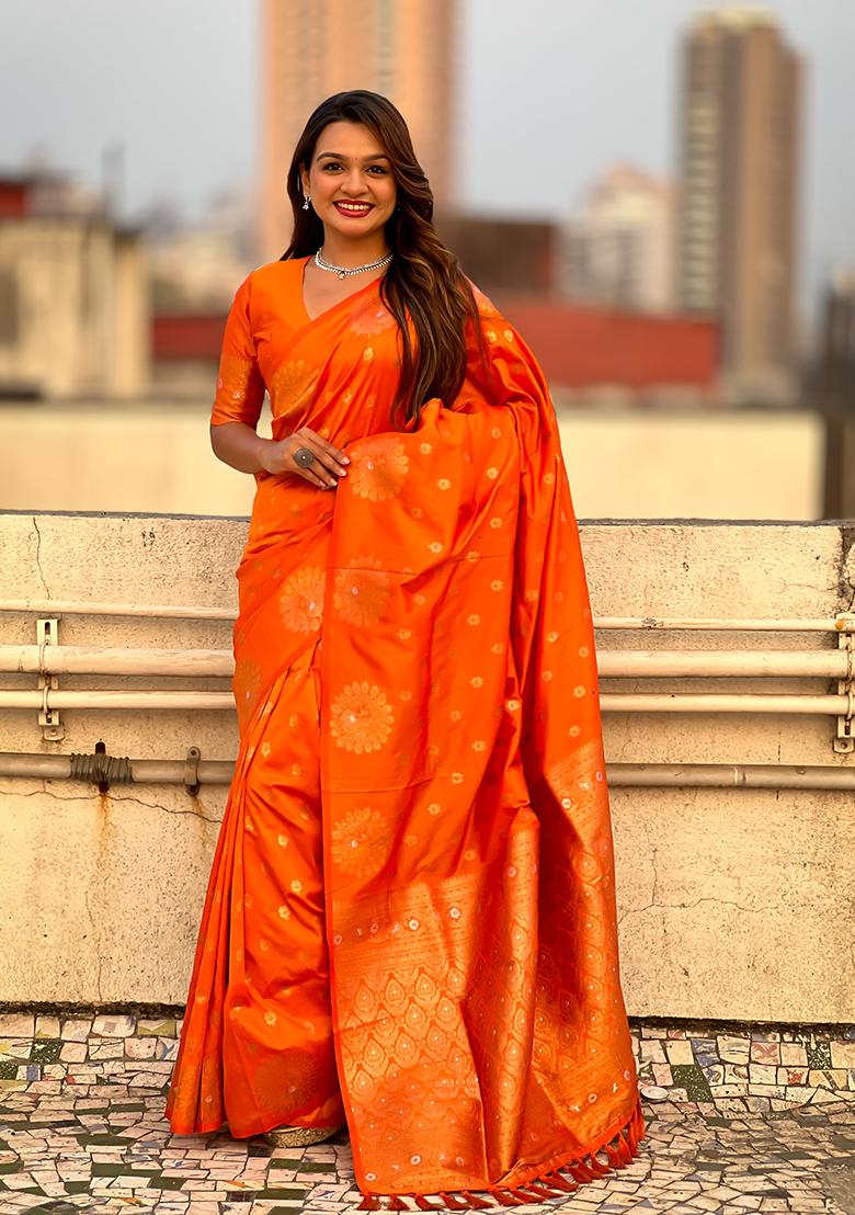Orange Zari Embroidered Silk Saree Set