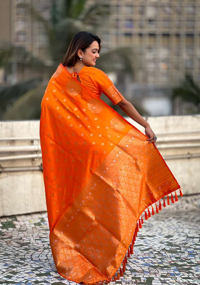 Orange Zari Silk Saree Set with Embroidered for Diwali | Wedding & Festive Wear - Indya