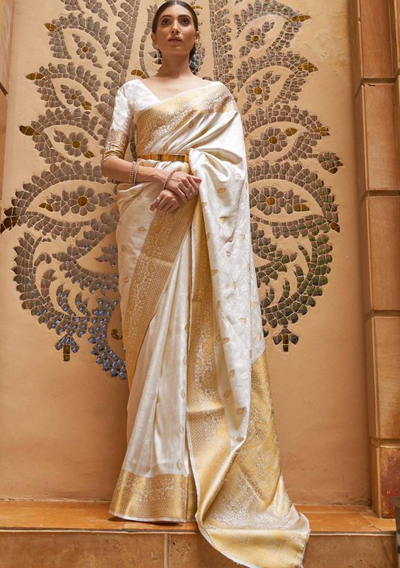 Off White Jaquard Silk Saree
