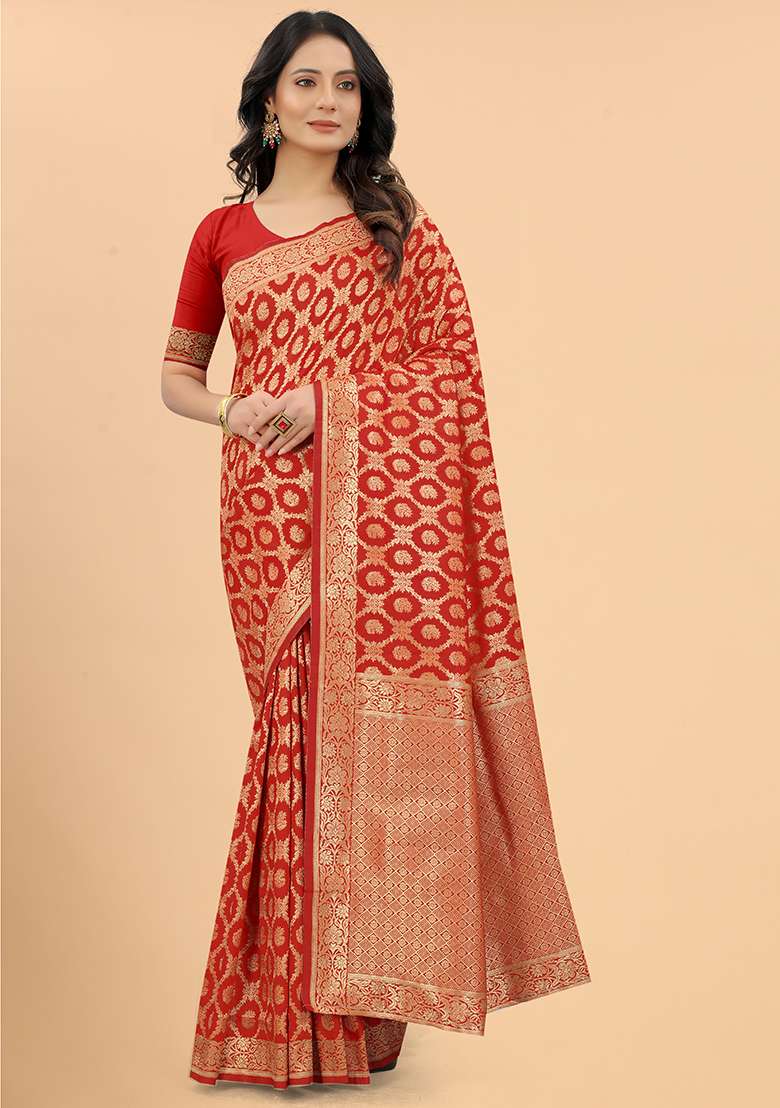 Red Solid Silk Blend Saree for Diwali | Wedding & Festive Wear - Indya