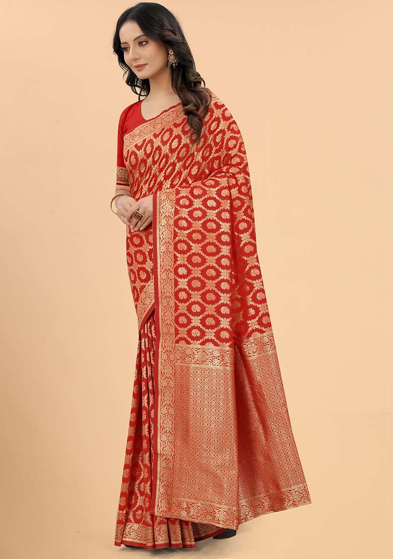 Red Solid Silk Blend Saree for Diwali | Wedding & Festive Wear - Indya