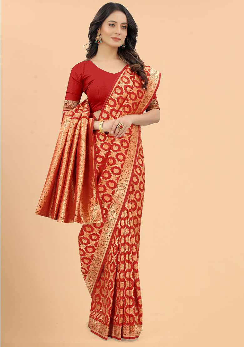 Red Solid Silk Blend Saree for Diwali | Wedding & Festive Wear - Indya