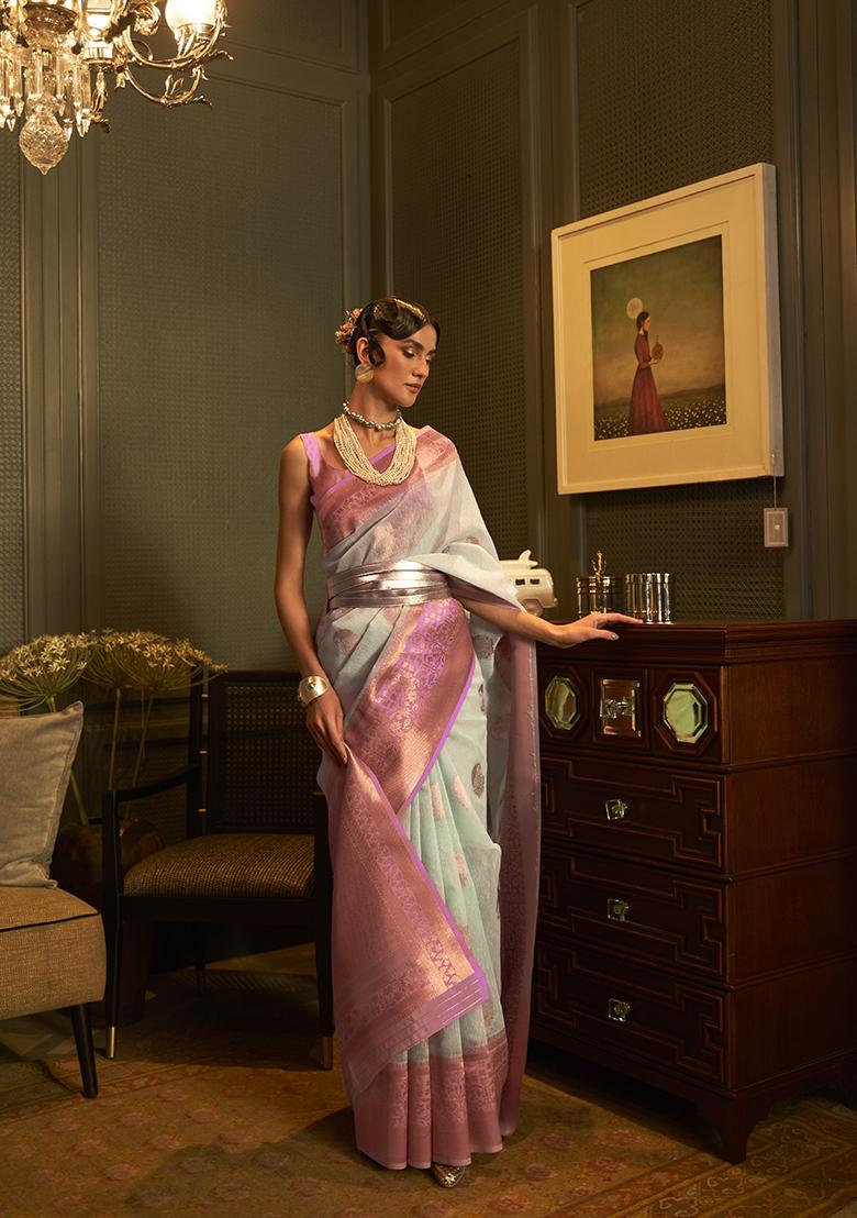 Firozi Blue Solid Cotton Saree