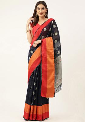 Navy Blue Solid Cotton Saree