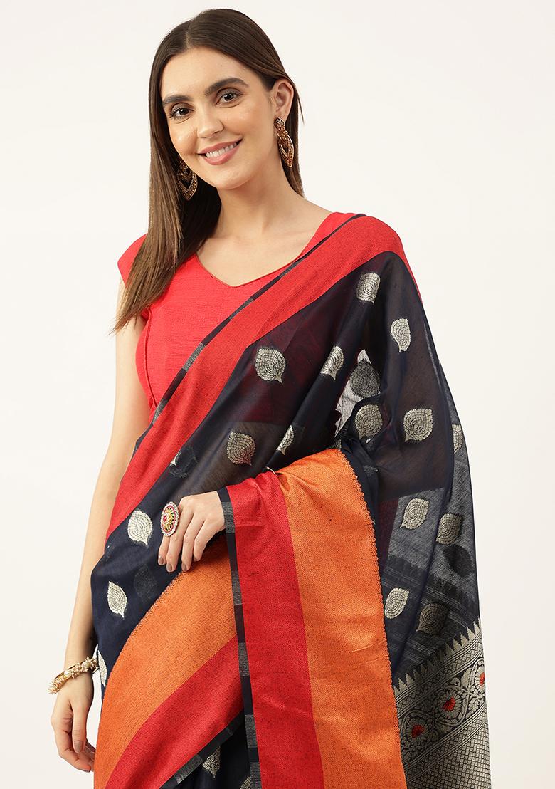 Navy Blue Solid Cotton Saree