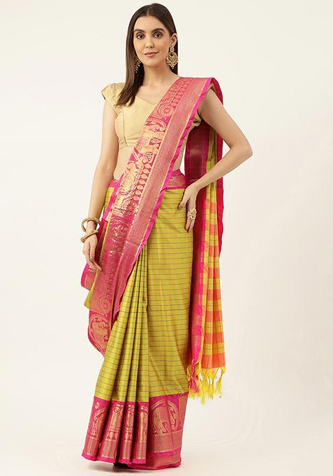 Parot Green Solid Cotton Saree