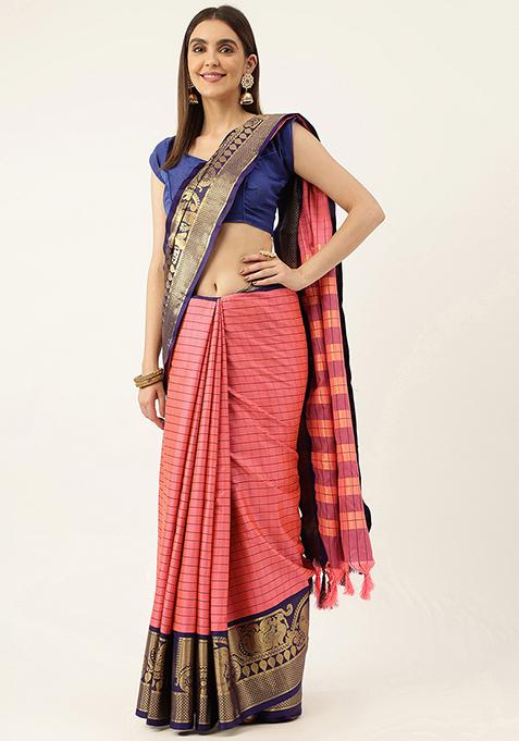 Pink Solid Cotton Saree