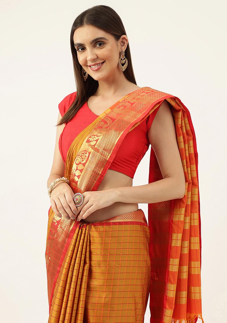 Orange Solid Cotton Saree