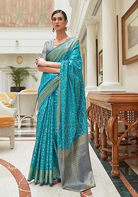 Blue Solid Silk Saree