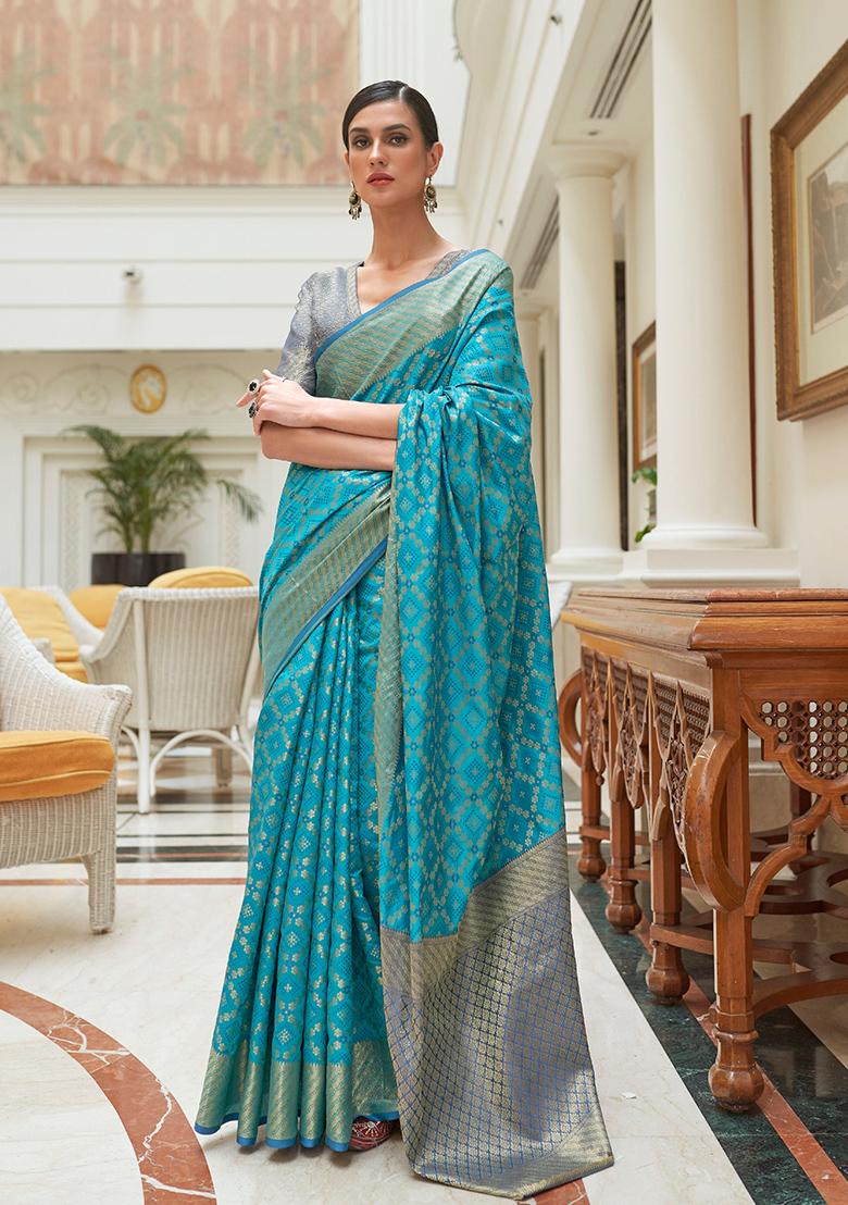 Blue Solid Silk Saree
