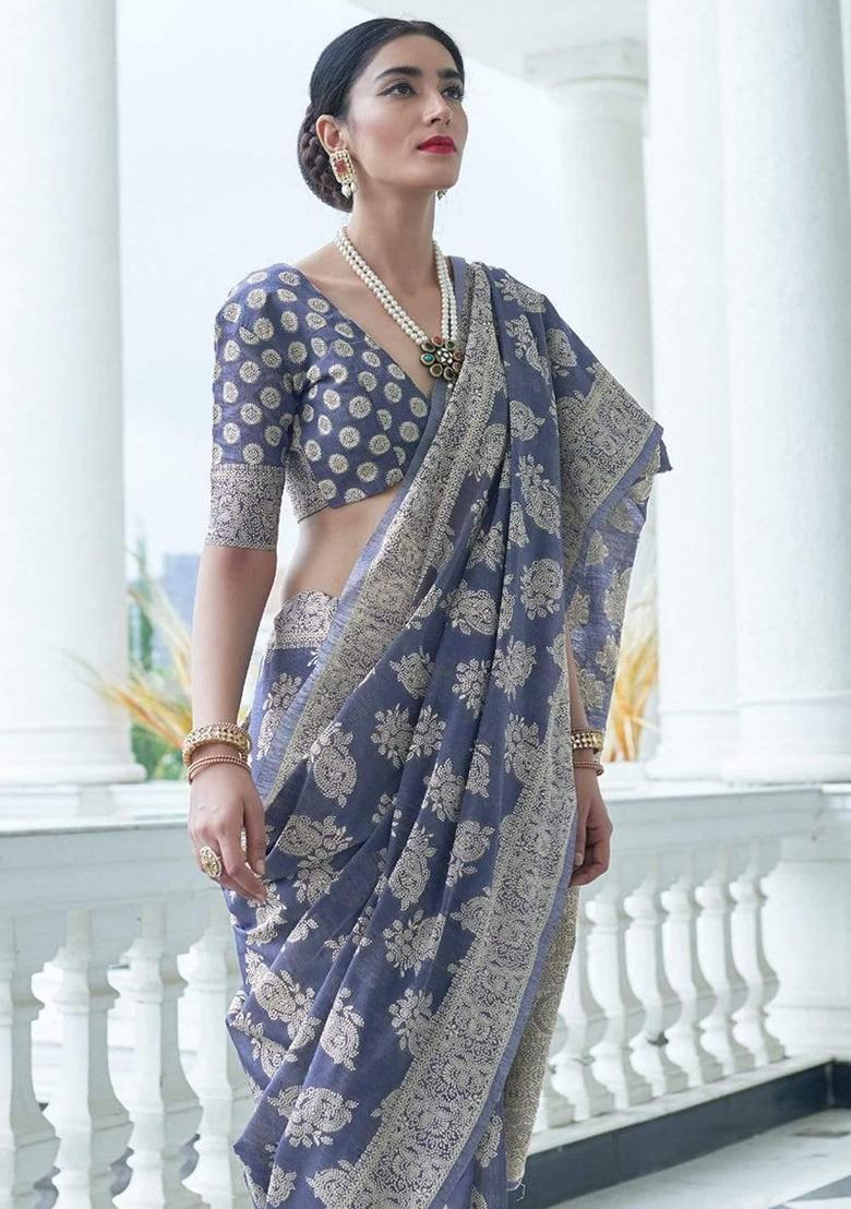 Blue Solid Cotton Saree