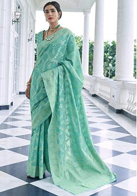 Teal Blue Solid Cotton Saree