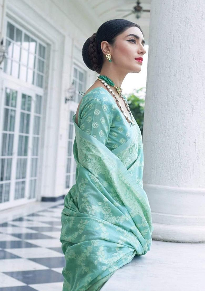 Teal Blue Solid Cotton Saree