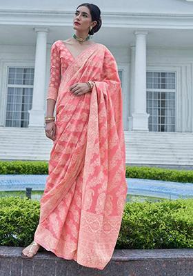 Peach Solid Cotton Saree