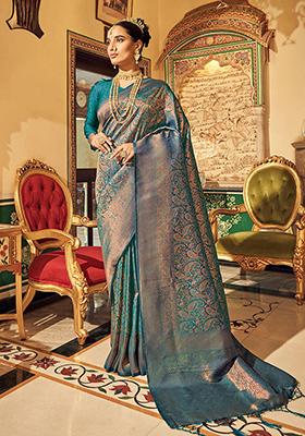 Teal Blue Solid Silk Saree