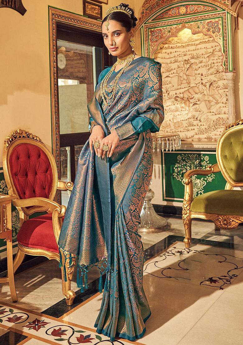 Teal Blue Solid Silk Saree