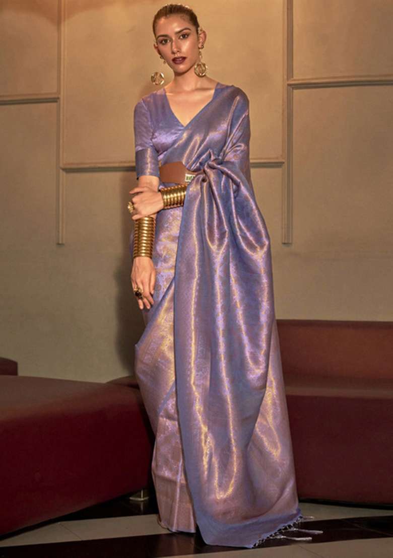 Purple Solid Silk Saree for Diwali | Wedding & Festive Wear - Indya