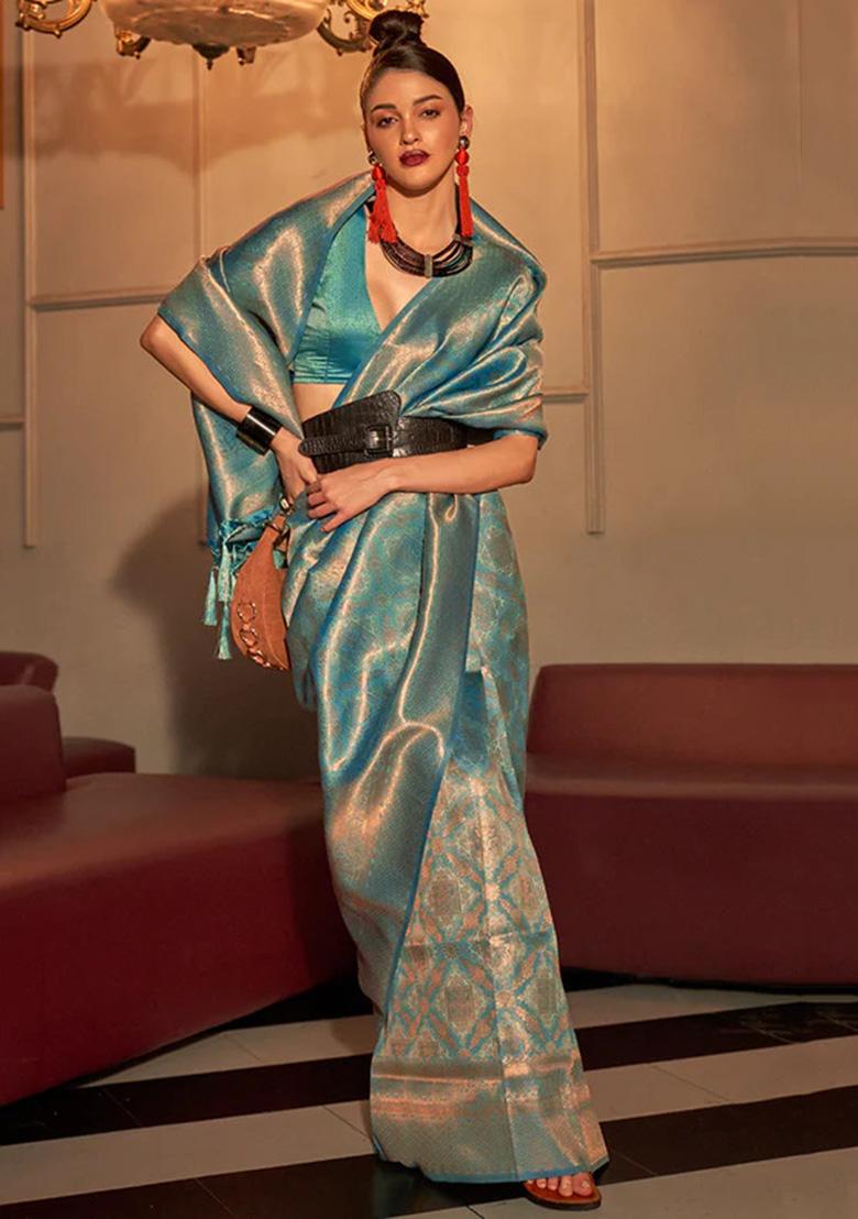 Teal Blue Solid Silk Saree