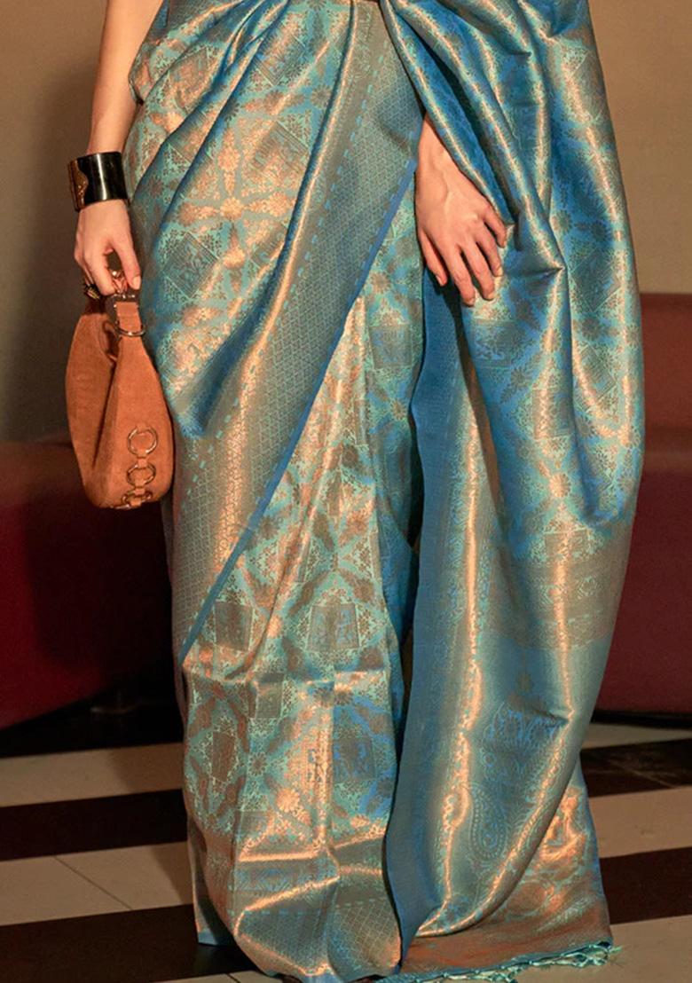 Teal Blue Solid Silk Saree