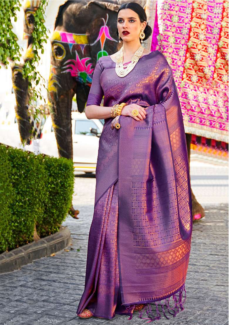 Purple Solid Silk Saree for Diwali and Festive Wear - Indya